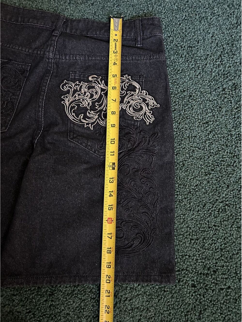 Black Denim Shorts with Embroidered Cross Design - Picture 6 of 7